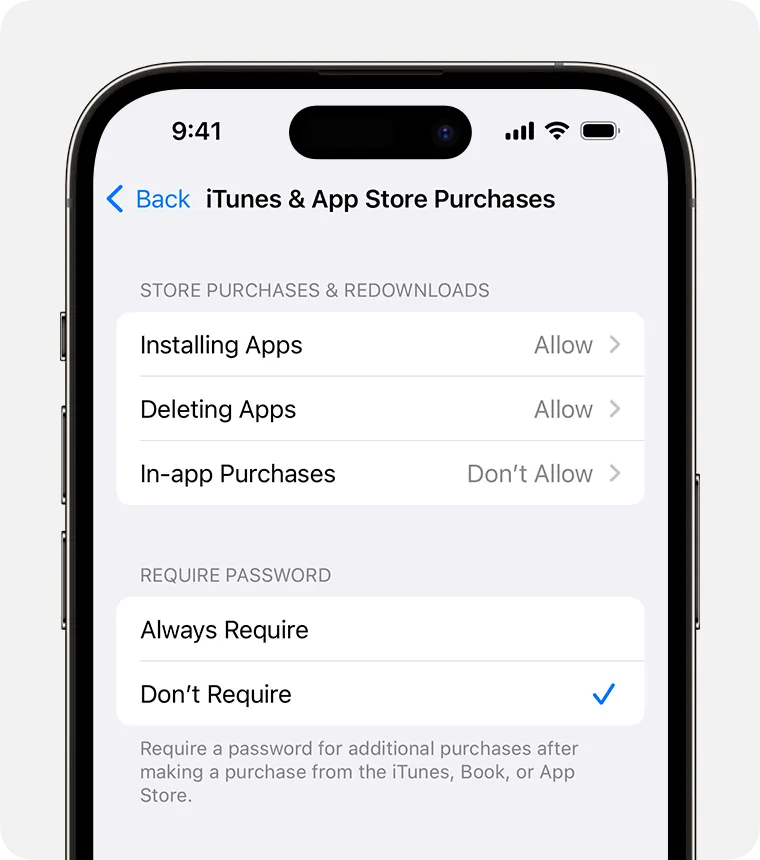 an iPhone settings screen showing screen time blocking in-app purchases without a password